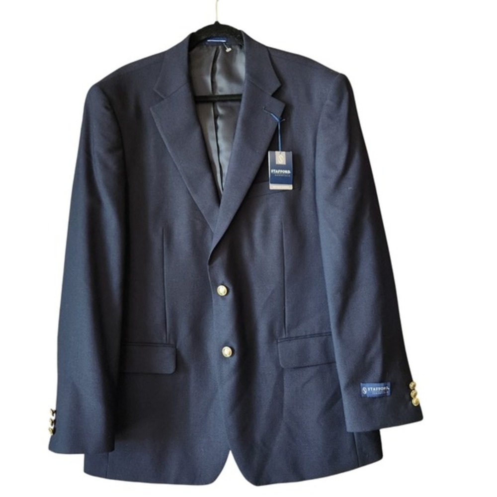 Stafford Mens Navy Blue Hopsack Blazer 44L Gold Buttons Classic Fit NWT
